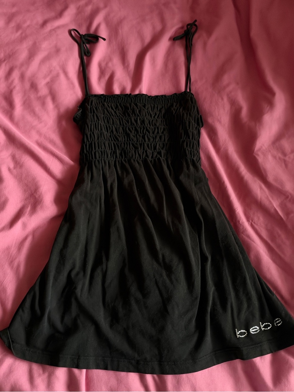 bebe Black Smocked Tie-Shoulder Mini top